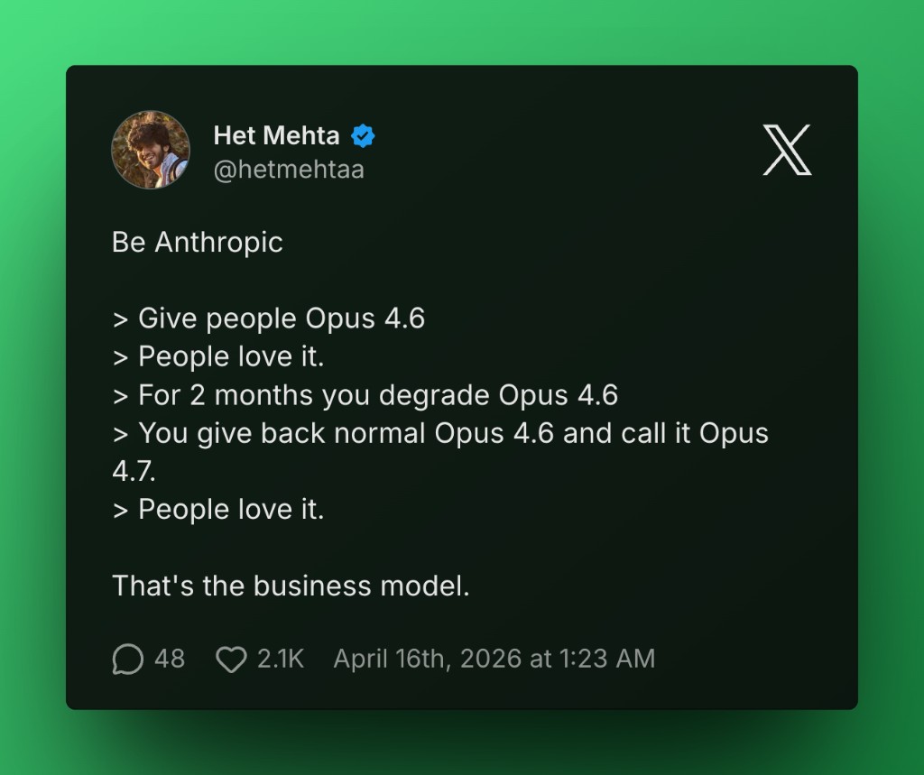 Post on X by Het Mehta: satirical take on Anthropic and the Opus 4.7 release