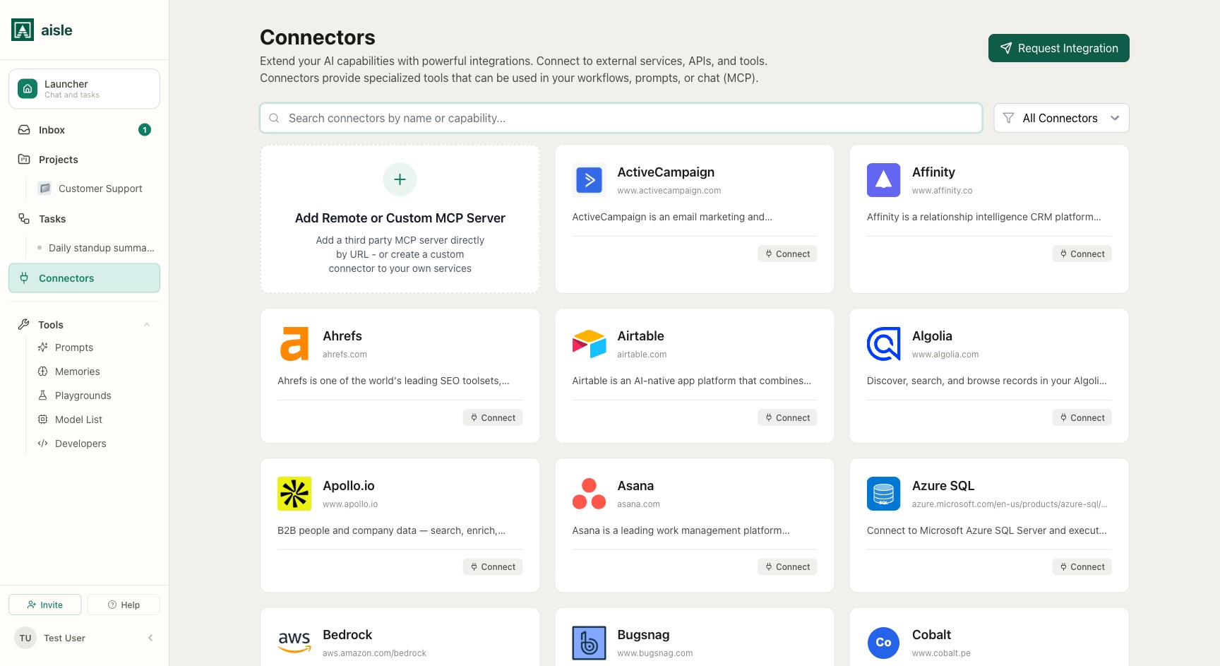 The Connectors directory: search, filter, and connect a service