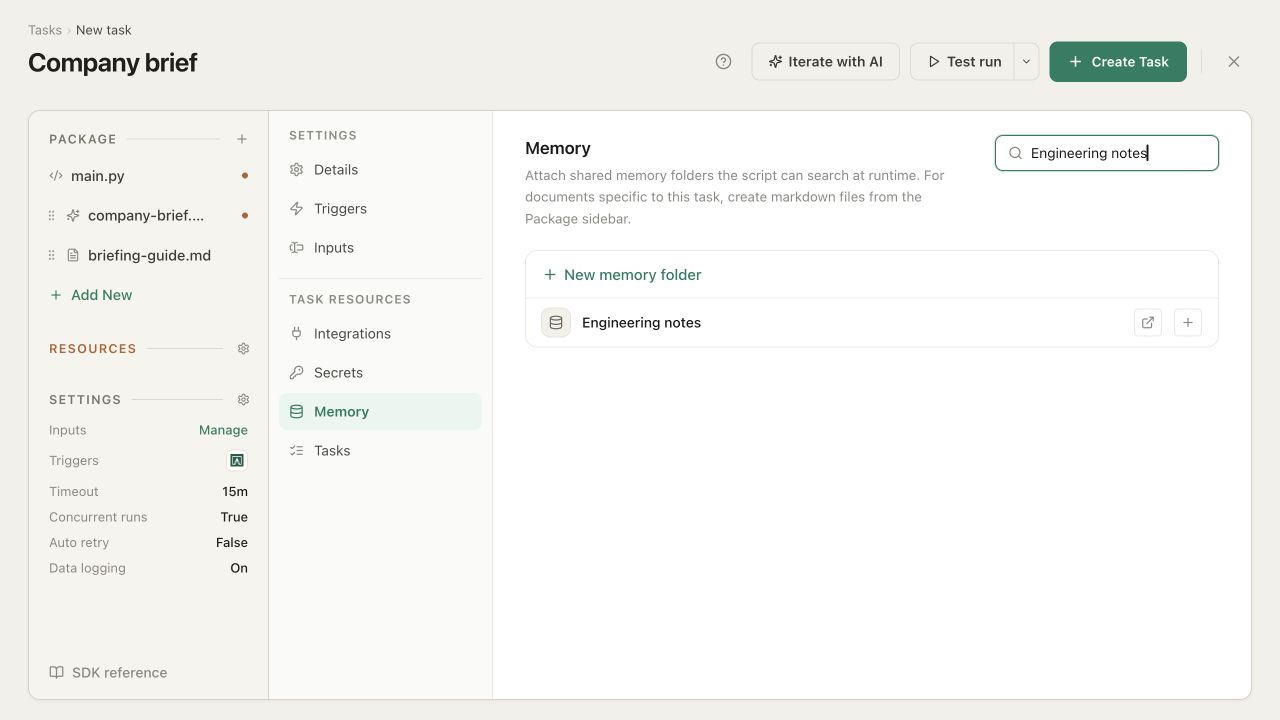 Resources shows Integrations, Secrets, Memory, and Tasks; the Memory panel lets you find and attach shared folders