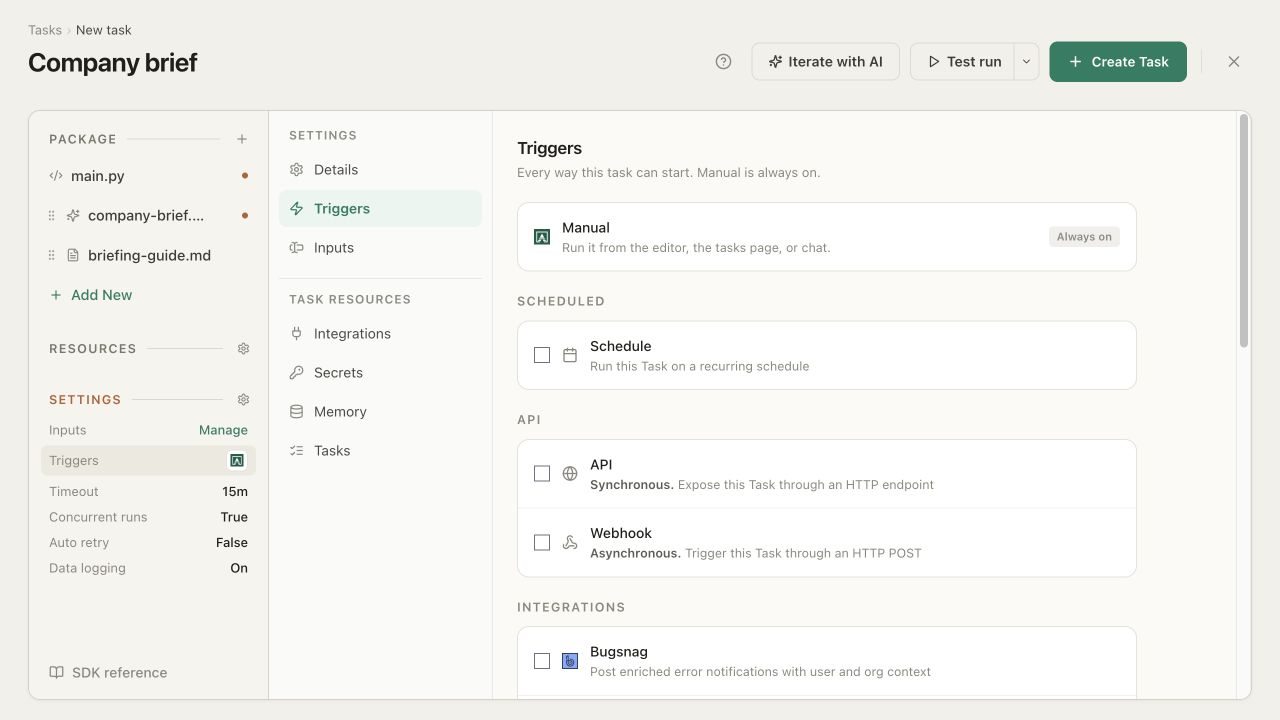 The Triggers panel labels API as Synchronous and Webhook as Asynchronous, below the manual and scheduled options
