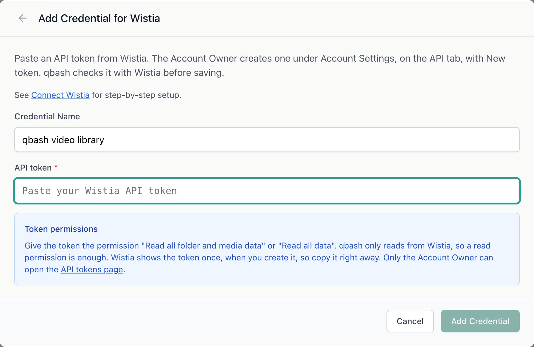 The qbash credential form for Wistia