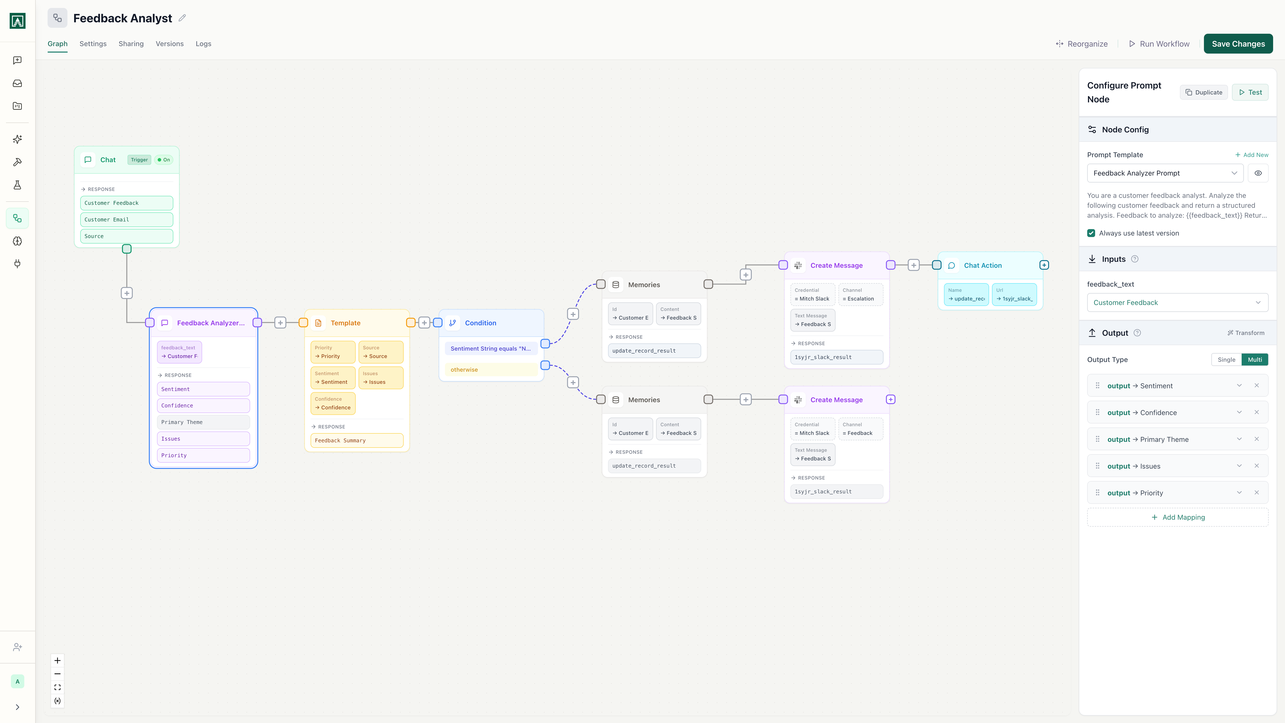 qbash workflow builder: visual AI automation canvas with prompt node configuration